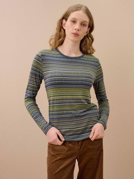 Brora Viscose Rich Stripe Round Neck T-Shirt, Olive/Ink