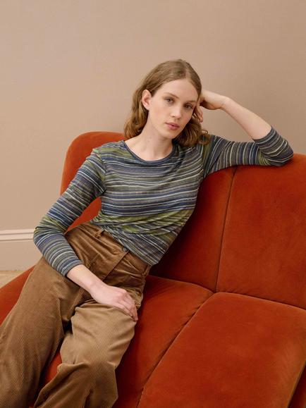 Brora Viscose Rich Stripe Round Neck T-Shirt - view 2, Olive/Ink