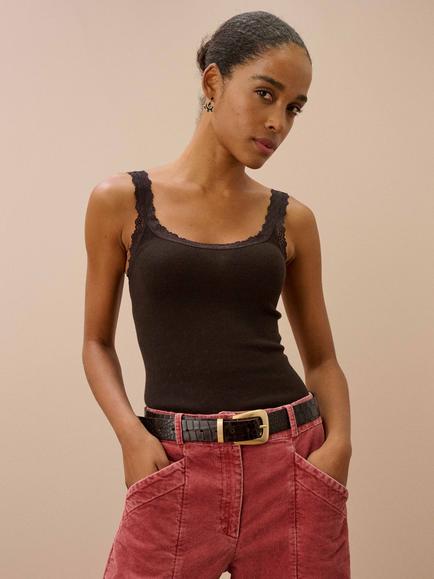 Brora Lace Scoop Camisole Cami, Black, Bitter Chocolate