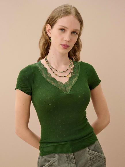 Brora Lace Trim Slim Fit V-Neck T-Shirt, Sorrel