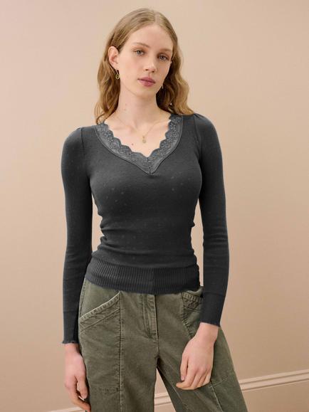 Brora Lace Trim Slim Fit V-Neck T-Shirt, Lead