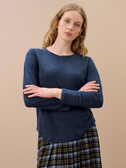 Brora Linen Boat Neck Long Sleeve T-Shirt, Indigo