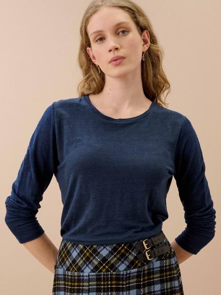 Brora Linen Boat Neck Long Sleeve T-Shirt - view 2, Indigo