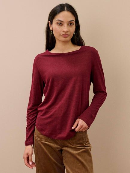 Brora Linen Boat Neck Long Sleeve T-Shirt, Burgundy
