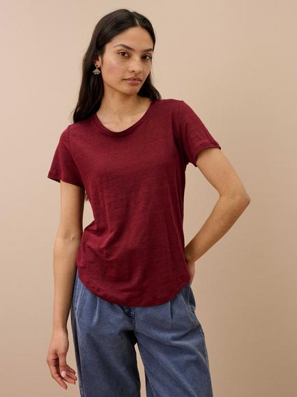 Brora Linen Regular Fit Short Sleeve T-Shirt, Burgundy