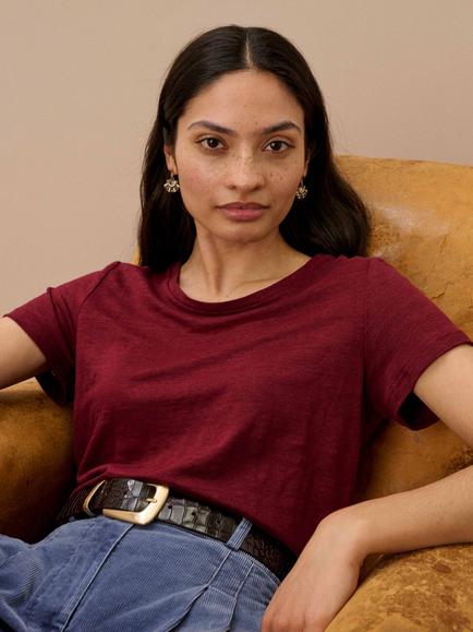 Brora Linen Regular Fit Short Sleeve T-Shirt - view 2, Burgundy