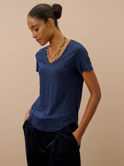 Brora Linen V-Neck T-Shirt, Indigo