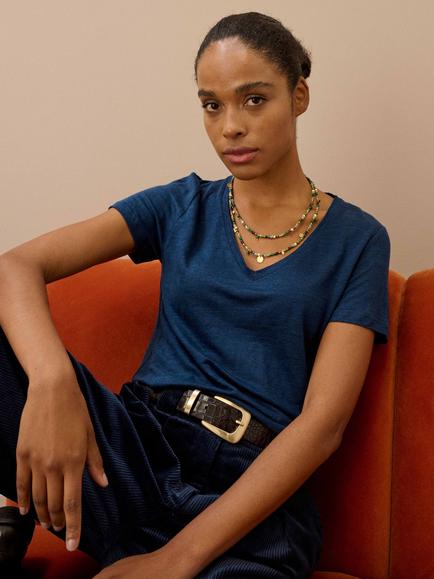 Brora Linen V-Neck T-Shirt - view 2, Indigo