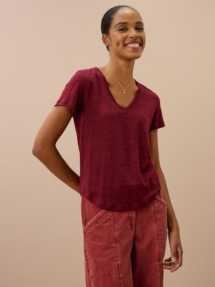 Brora Linen V-Neck T-Shirt, Burgundy