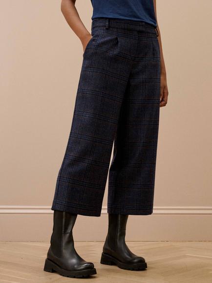 Brora Pure Wool Check Straight Trousers, Indigo - view 2, Indigo