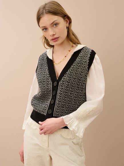 Brora Folk Lambswool Waistcoat, Black, Black