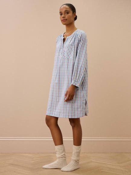 Brora Gingham Nightdress, Sky/Heron, Sky/Heron