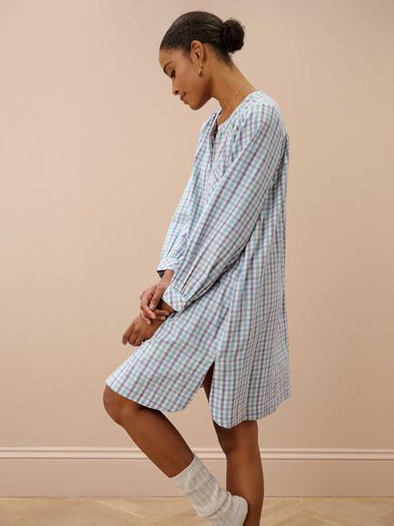 Brora Gingham Nightdress, Sky/Heron - view 2, Sky/Heron