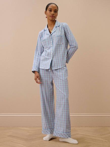 Brora Cotton Gingham Pyjamas, Sky/Heron, Sky/Heron