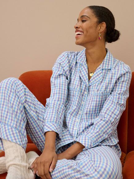 Brora Cotton Gingham Pyjamas, Sky/Heron - view 2, Sky/Heron