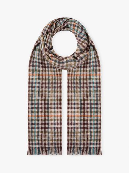 Brora Cashmere Check Scarf, Ash/Ocean, Ash/Ocean