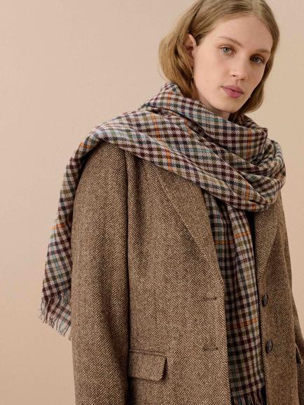 Brora Cashmere Check Scarf, Ash/Ocean - view 2, Ash/Ocean