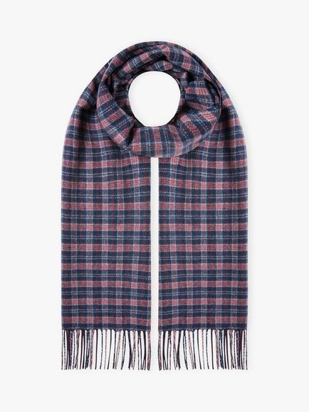 Brora Cashmere Check Scarf, Nimbus & Swan, French Navy/Rhubarb