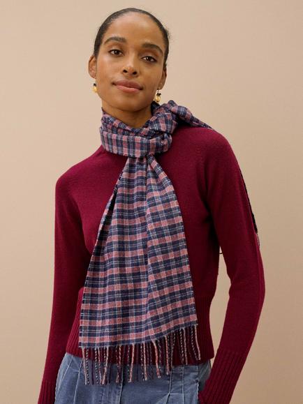 Brora Cashmere Check Scarf, Nimbus & Swan - view 2, French Navy/Rhubarb