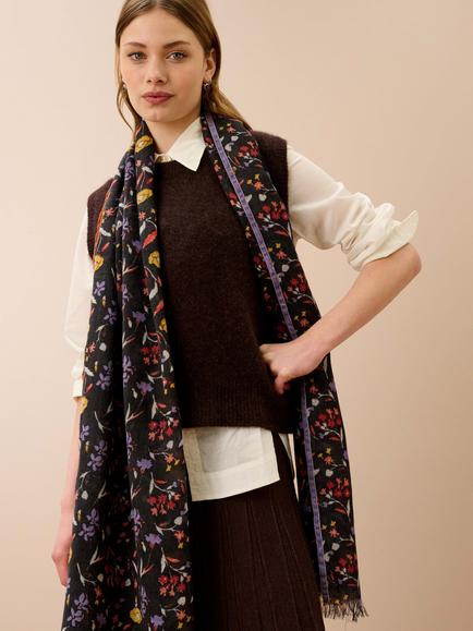 Brora Velvet Trim Wool Scarf - view 2, Black/Ochre