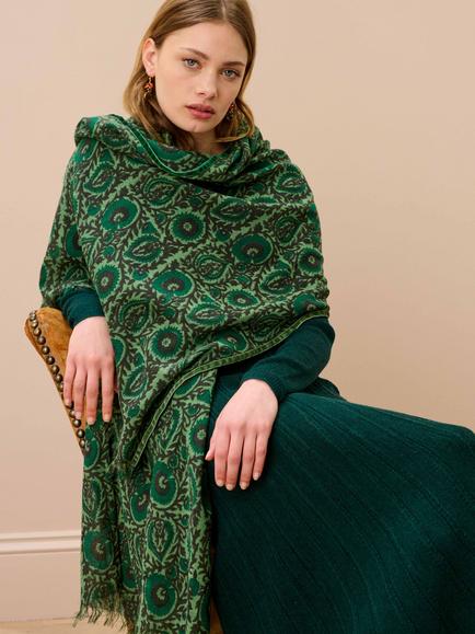 Brora Velvet Trim Wool Scarf, Mallard - view 2, Mallard