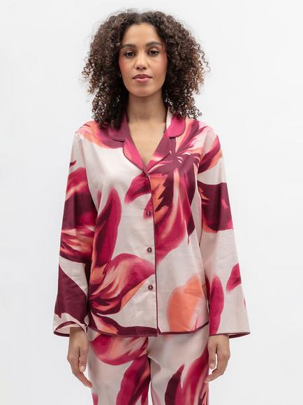 Cyberjammies Floral Button Through Long Sleeve Cotton Blend Pyjama Top, Peach, Peach