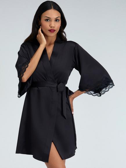 Boux Avenue Amelia Lace Trim Short Satin Robe, Black