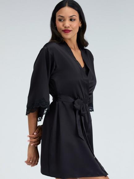 Boux Avenue Amelia Lace Trim Short Satin Robe - view 2, Black
