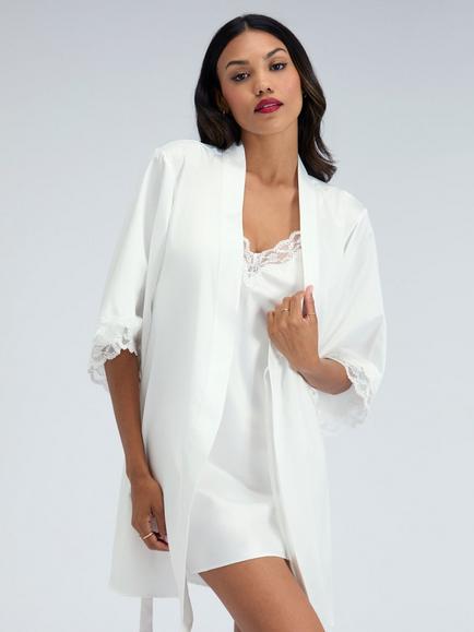 Boux Avenue Amelia Lace Trim Short Satin Robe, Ivory