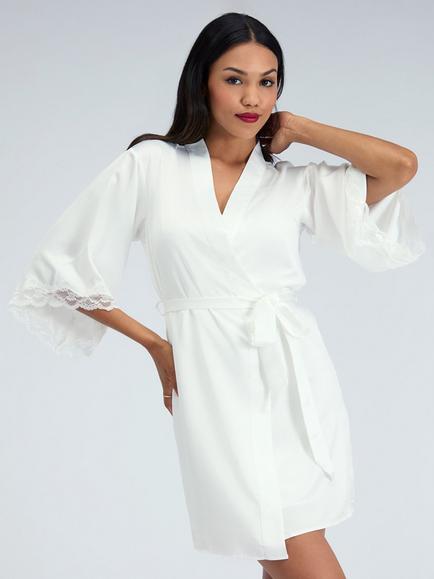 Boux Avenue Amelia Lace Trim Short Satin Robe - view 2, Ivory