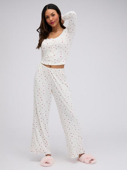 Boux Avenue Long Sleeve Ribbed Floral Pyjama Set, Ivory, White
