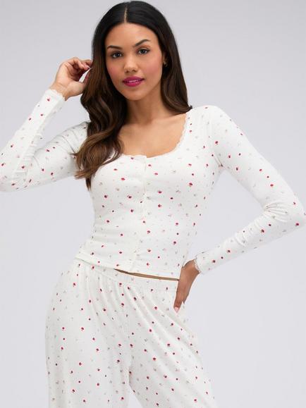 Boux Avenue Long Sleeve Ribbed Floral Pyjama Set, Ivory - view 2, Ivory