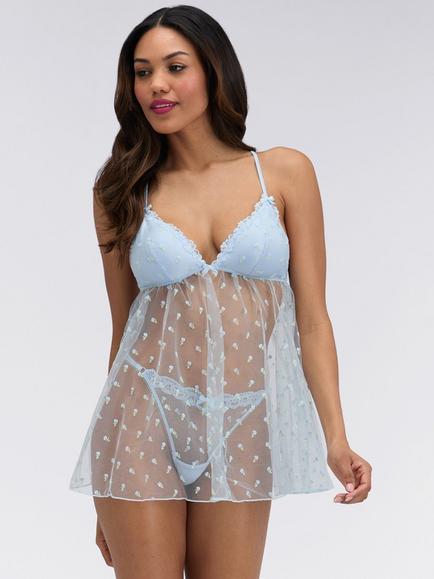 Boux Avenue Delilah Embroidered Mesh Babydoll, Light Blue, Light Blue
