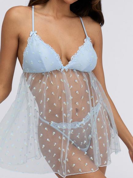 Boux Avenue Delilah Embroidered Mesh Babydoll, Light Blue - view 2, Light Blue