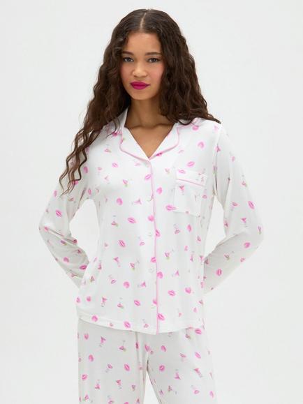 Boux Avenue Long Sleeve Cocktail Print Pyjama Set, Ivory, Ivory