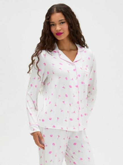 Boux Avenue Long Sleeve Cocktail Print Pyjama Set, Ivory - view 2, Ivory