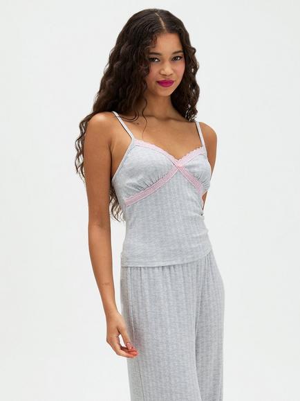 Boux Avenue Pointelle Cami Wide Leg Pyjama Set, Grey Marl - view 2, Grey Marl