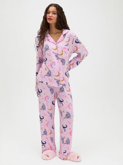Boux Avenue Long Sleeve Cat and Moon Pyjama Set, Pink/Multi, Pink/Multi