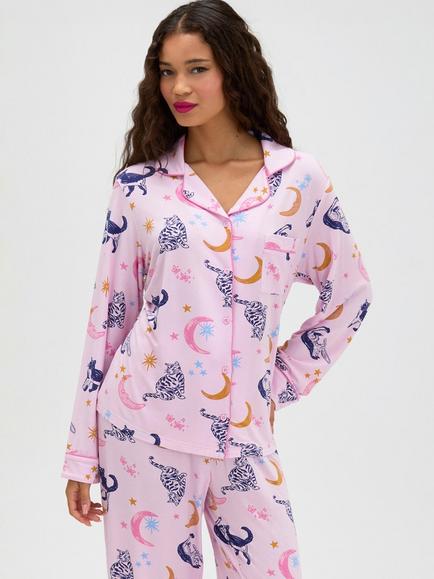 Boux Avenue Long Sleeve Cat and Moon Pyjama Set, Pink/Multi - view 2, Pink/Multi