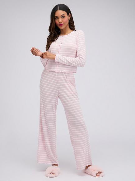 Boux Avenue Striped Pointelle Long Sleeve Pyjama Set, Pink, Pink
