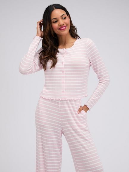Boux Avenue Striped Pointelle Long Sleeve Pyjama Set, Pink - view 2, Pink