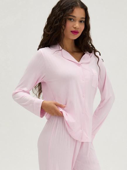 Boux Avenue Ribbed Modal Long Sleeve Pyjama Set, Pink, Pink