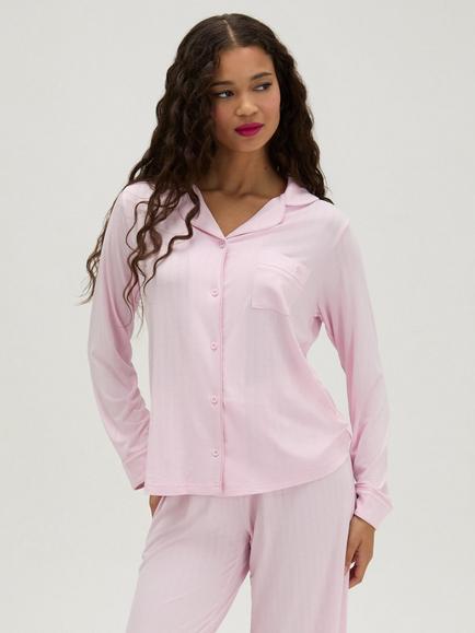 Boux Avenue Ribbed Modal Long Sleeve Pyjama Set, Pink - view 2, Pink