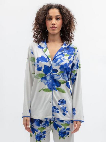 Cyberjammies Floral Button Through Long Sleeve Cotton Blend Pyjama Top, Blue,, Blue
