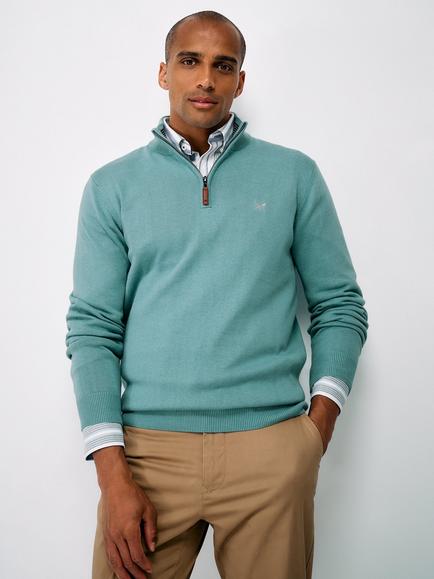 Crew Clothing Cotton Half Zip Jumper, Teal Blue - view 2, Teal Blue