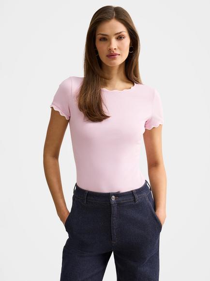 Forever New Rebecca Scallop Edge T-Shirt, Pink/Porcelain, Pink / Porcelain