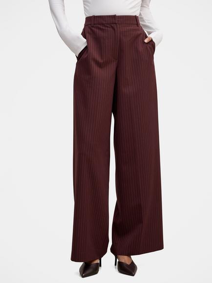 Forever New Paloma Pinstripe Wide Leg Trousers, Berry, Berry