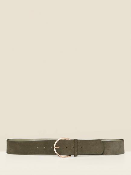Sosandar Suede Gold Buckle Thick Belt, Khaki Green - view 2, Khaki Green