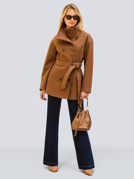 Sosandar Belted Funnel Collar Coat, Camel, Camel