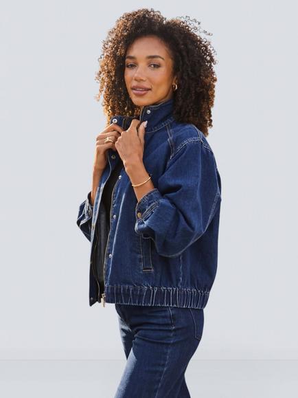 Sosandar Funnel Neck Denim Bomber Jacket, Dark Indigo, Dark Indigo